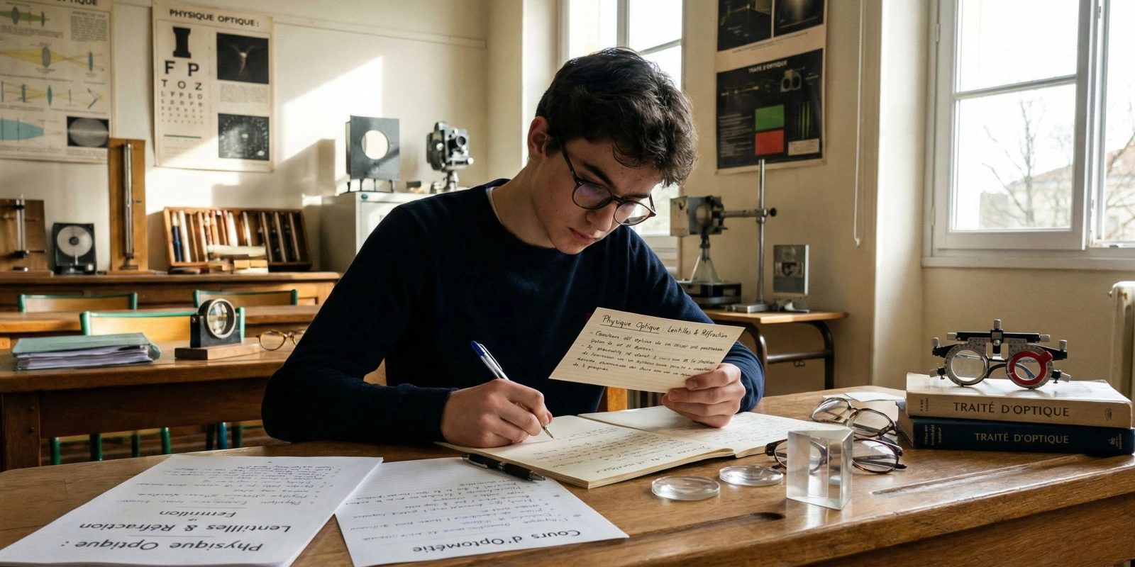 Fiches de révision BTS OL : le guide complet pour réussir Étudiant en BTS Opticien-Lunetier prenant des notes sur ses fiches de révision manuscrites